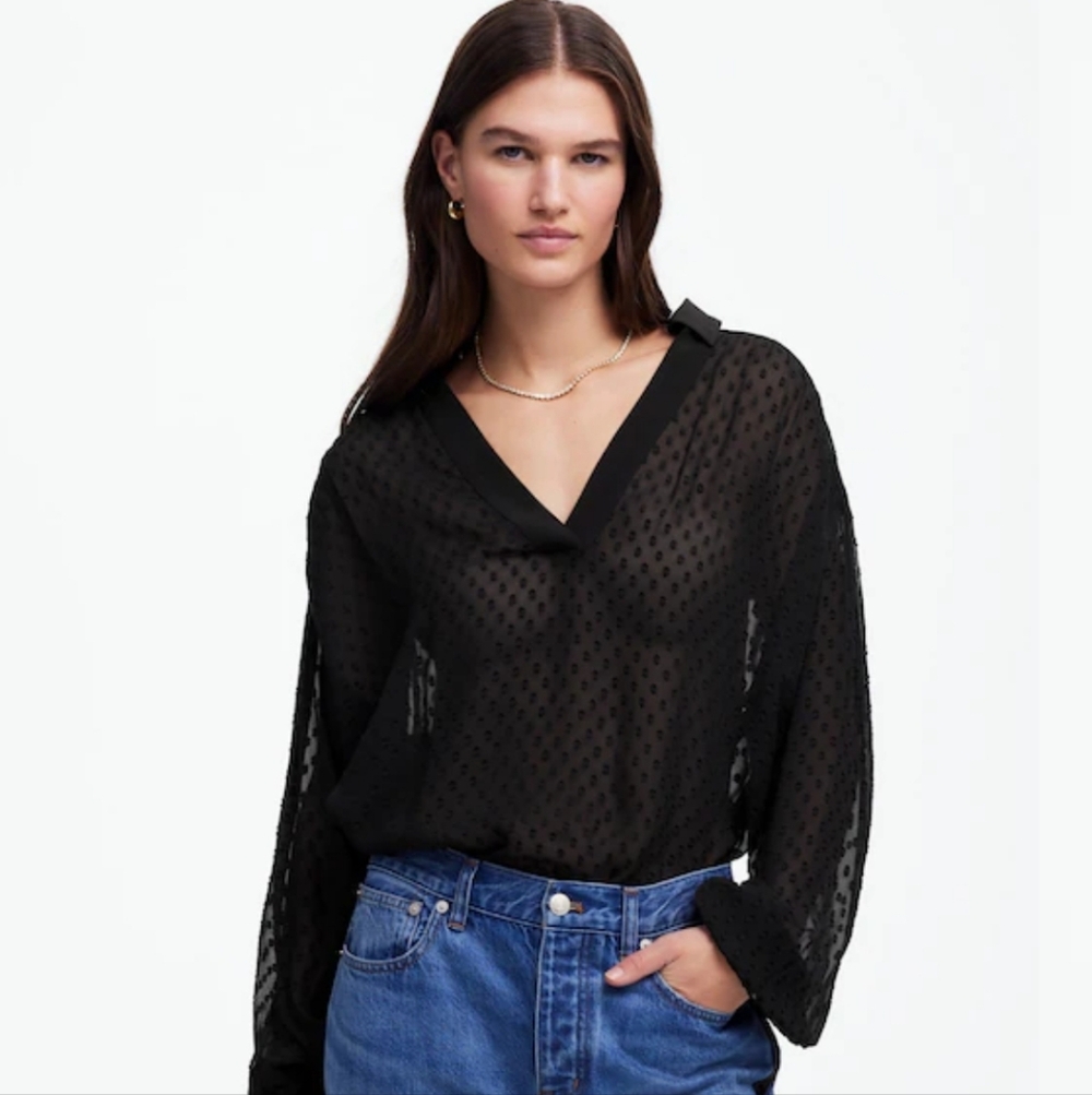 Madewell Long-Sleeve Popover Top Black Swiss Dot Sheer Size Medium
